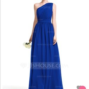 Royal blue, one-shouldered dress.